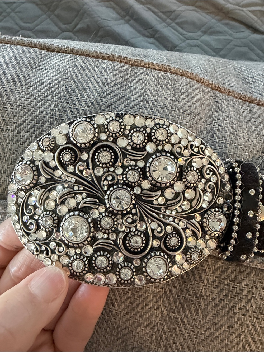 Nocona Western Black Leather Rhinestone Studded Belt M Ornate Crystal Buckle - Picture 5 of 8